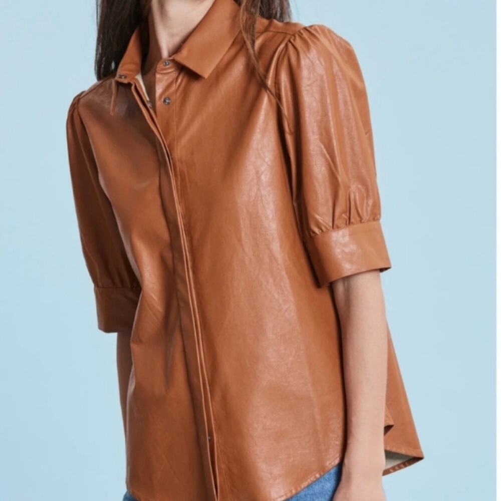 Tyler Boe Alice Vegan Faux Leather Shirt Color Pecan Size 8 Minimalist Neutral